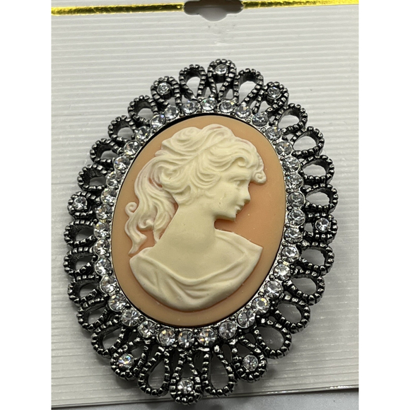 VTG SILVER TONE Pendant Brooch Oval Cameo PEACH Background Fashion Jewelry NEW - Picture 16 of 16